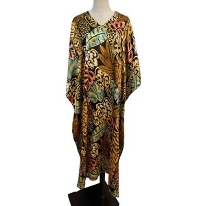 Vtg Beaded Kaftan Tropical Maxi Dress Resort Boho One Size Ms Roper Housecoat